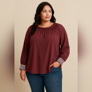 Washco Apparel Plum Boho Peasant Blouse XL Women’s Embroidered Cuff Ruffle Neck